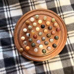 VTG Solitaire Board Game Set Semi-Precious Gemstone Stone Marbles Kenya Wood